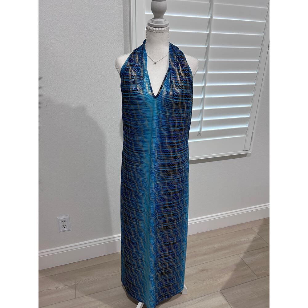 Gorgeous Blue & Gold Halter Dress – Women’s Size 1X | Boho Disco Vibes